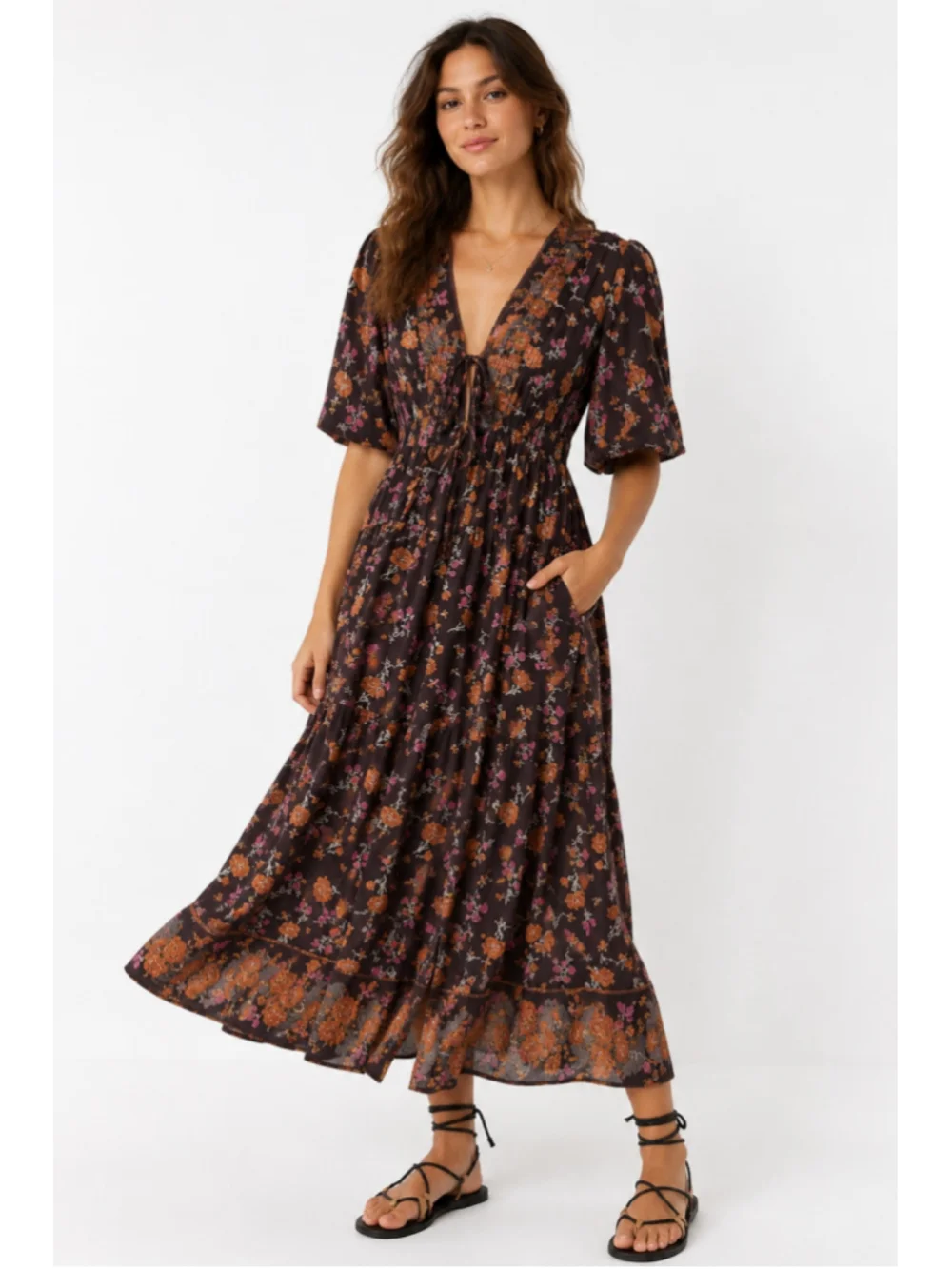 Free People S/P Floral Boho Maxi Dress Deep V Smocked Waist Brown